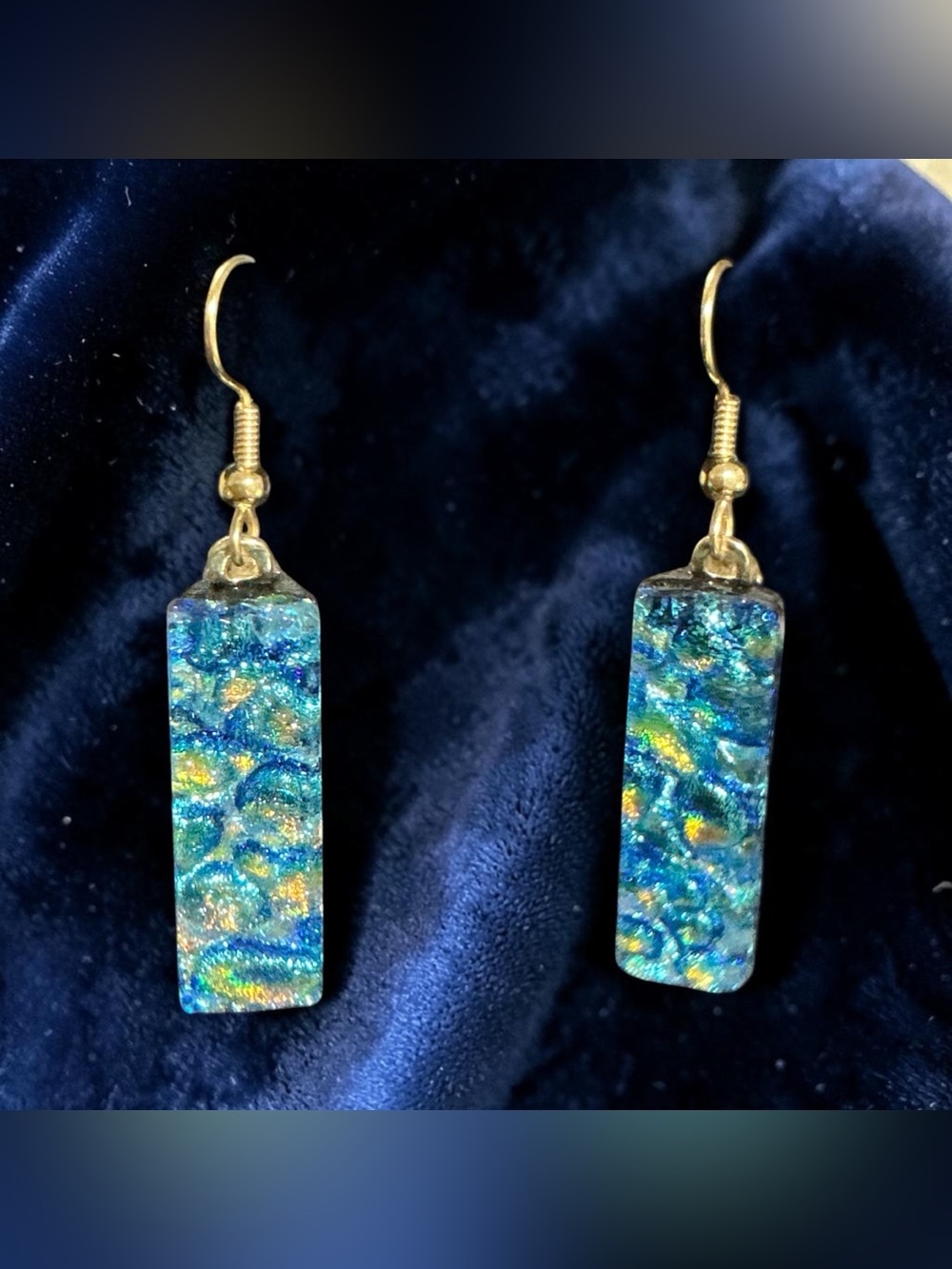 Dichroic Glass Rectangle Dangle Earrings Blue Green Gold Iridescent